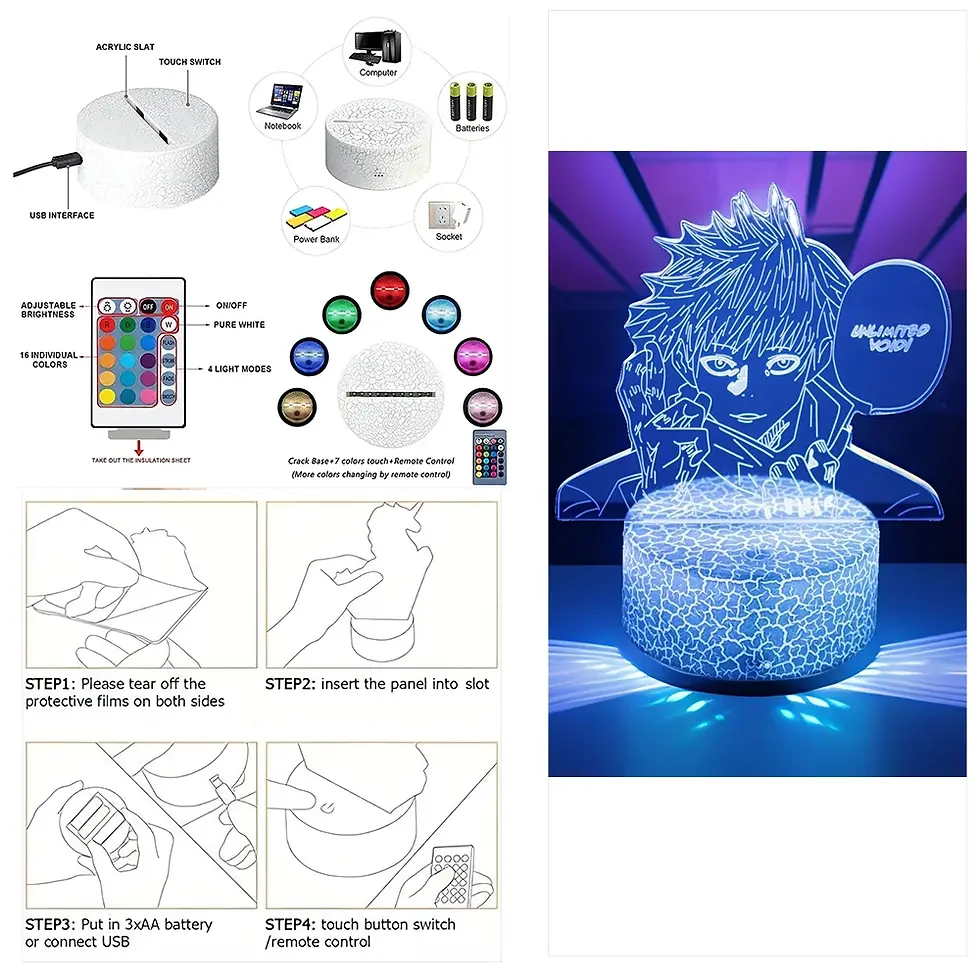Miniatura: 💙 Luminária LED 3D JJK – 5 Personagens | Touch & Controle RGB