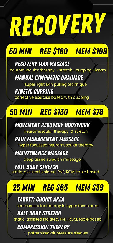 recovery massage, manual lymphatic drainage, kinetic cupping, neuromuscular therapy massage, deep tissue, swedish massage, target massage, pain management, athletic recovery, stretch therapy, stretch, assisted stretch