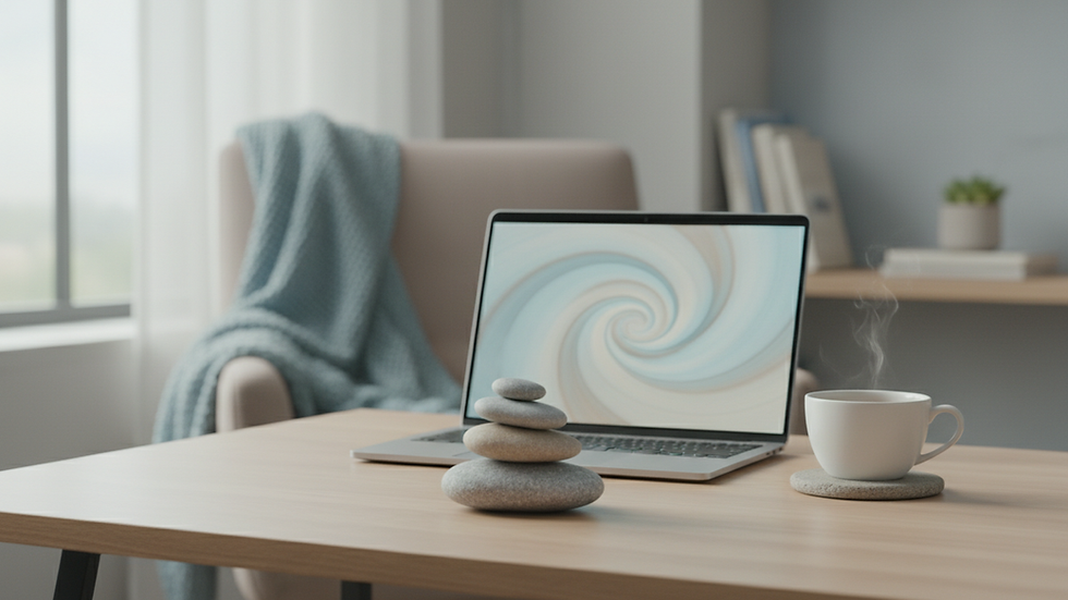 Eye-level view of a cozy home office setup with a laptop and a cup of tea