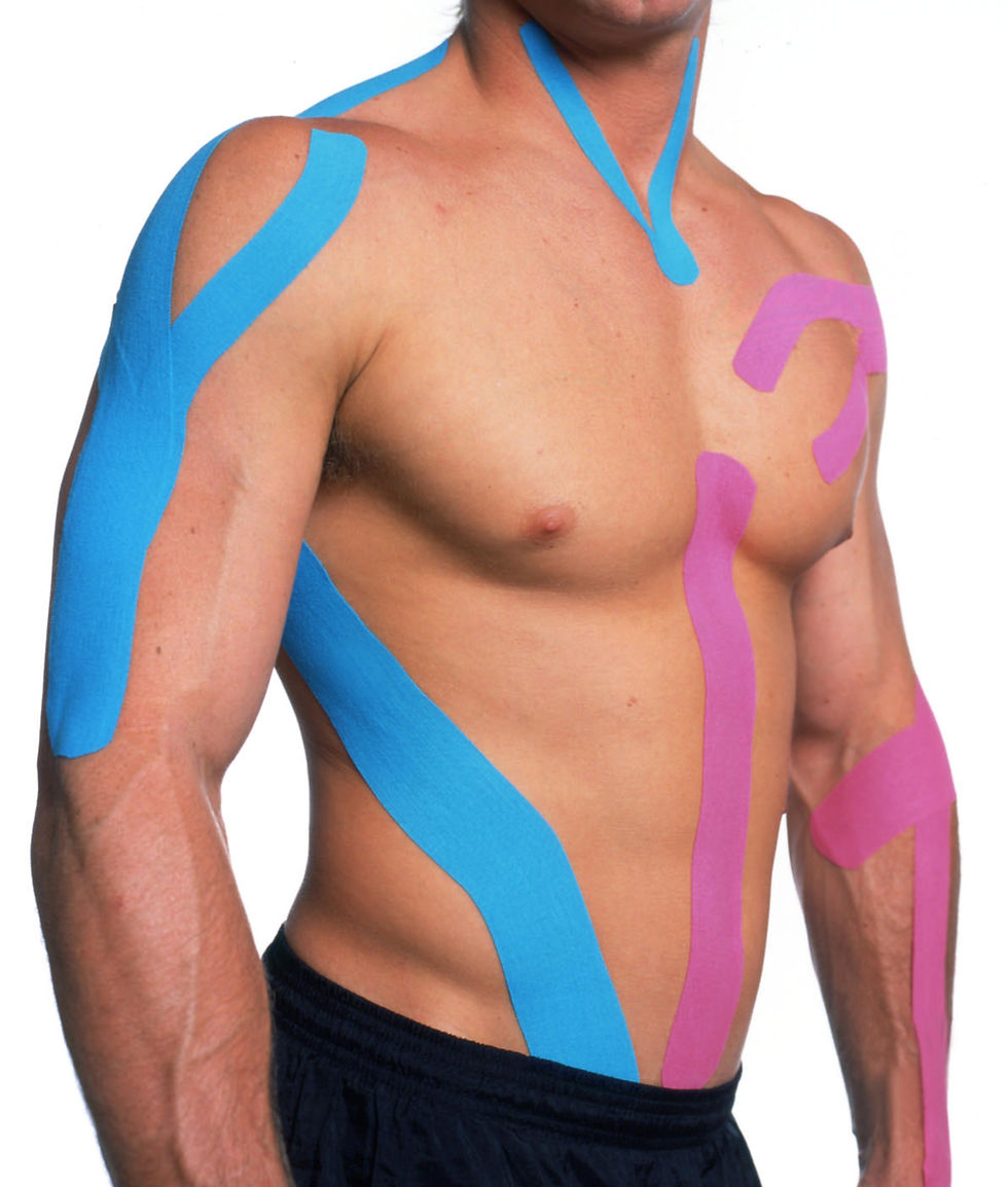 Kinesiology tape is applied to the neck, chest, torso, shoulder, and arm.