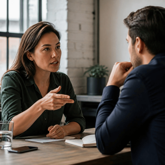 CEO coach having an honest challenging conversation with a business leader