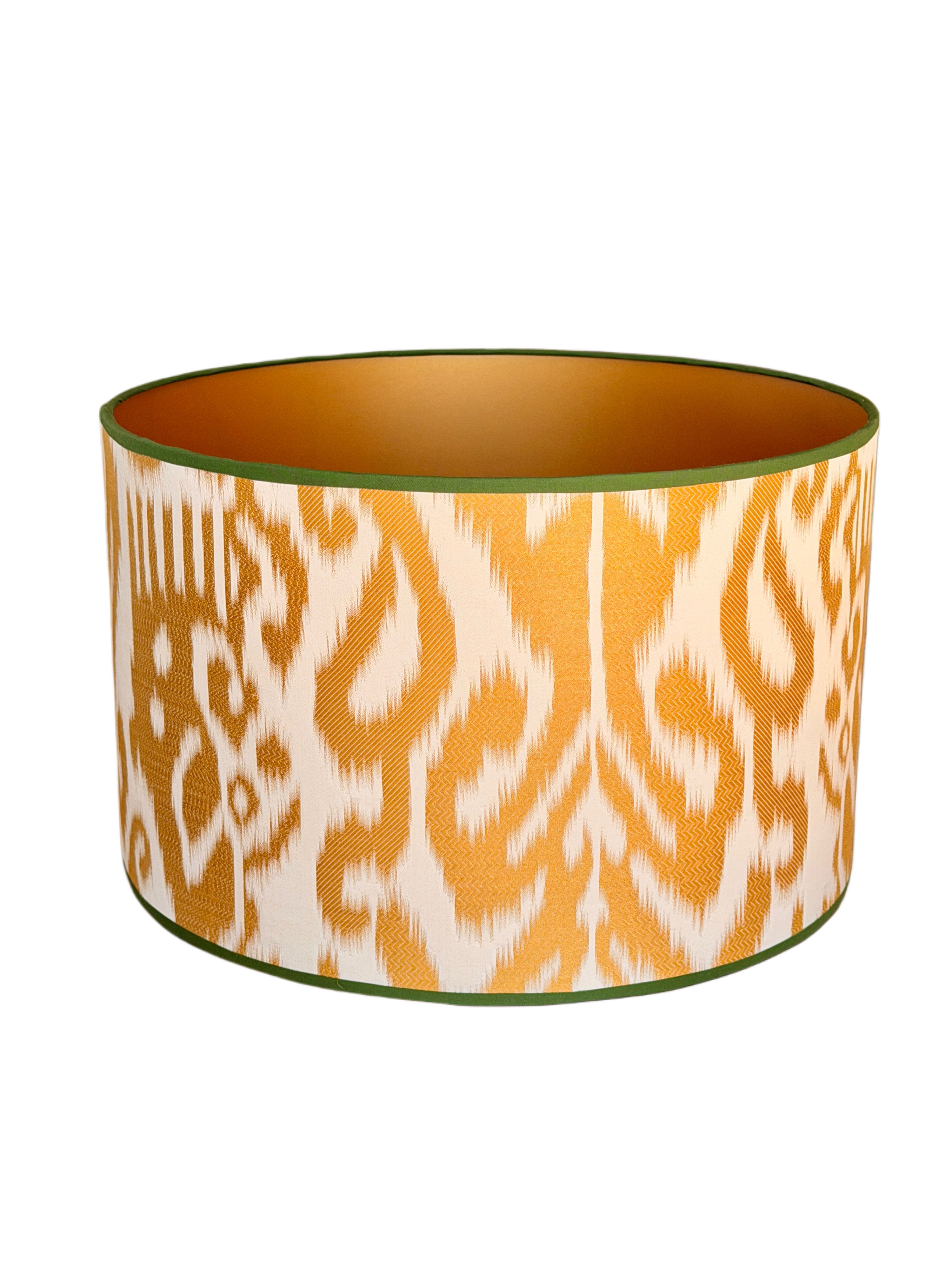 Gold Ikat lampshade with green trim