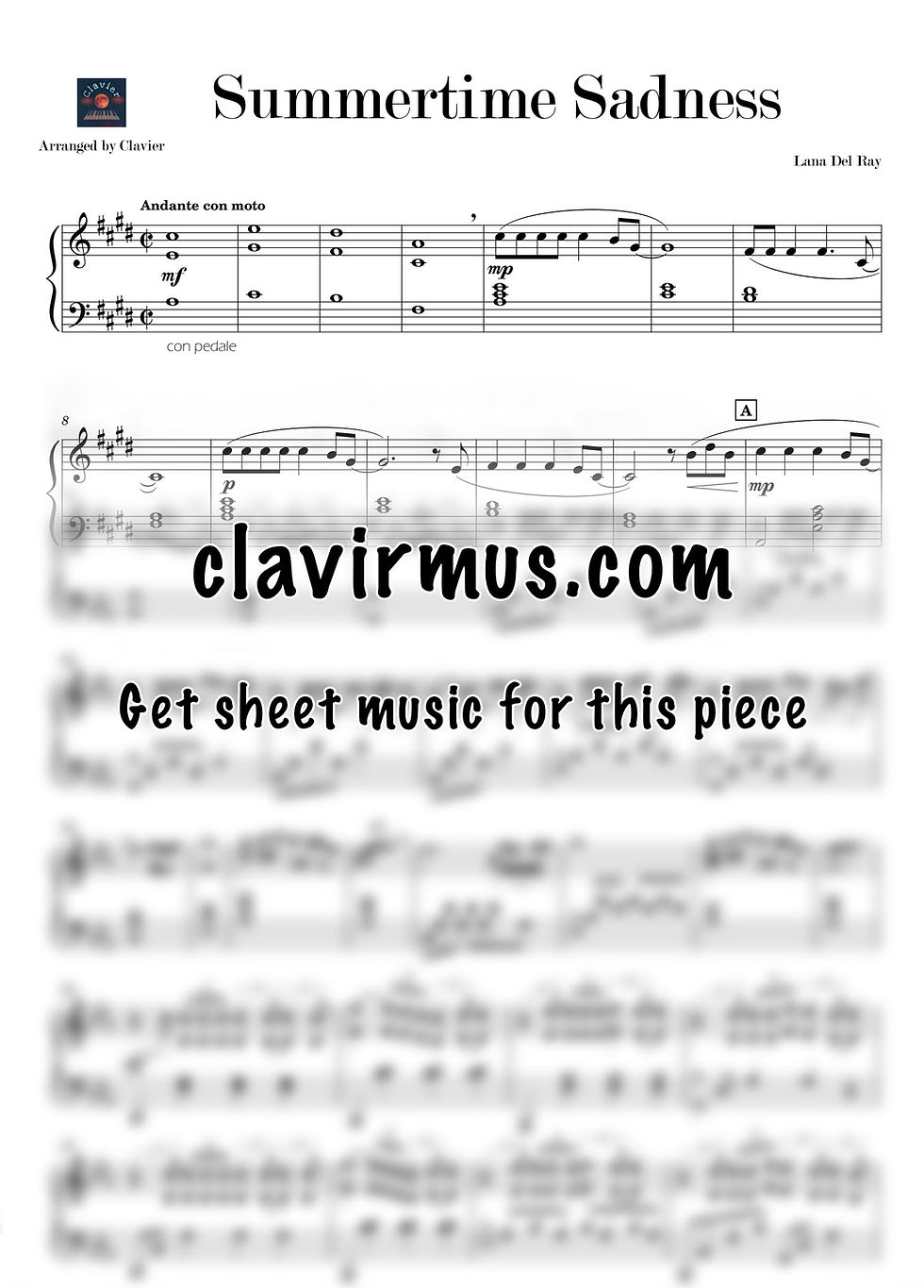 Lana Del Rey Summertime Sadness Sheet Music For Piano PDF