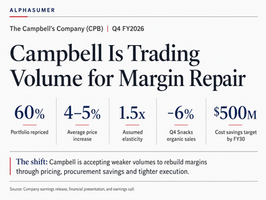 Campbell’s Q4 FY2026 graphic showing 4–5% pricing across 60% of the portfolio, 1.5x elasticity, a 6% Snacks sales decline, and a $500M cost-savings target.