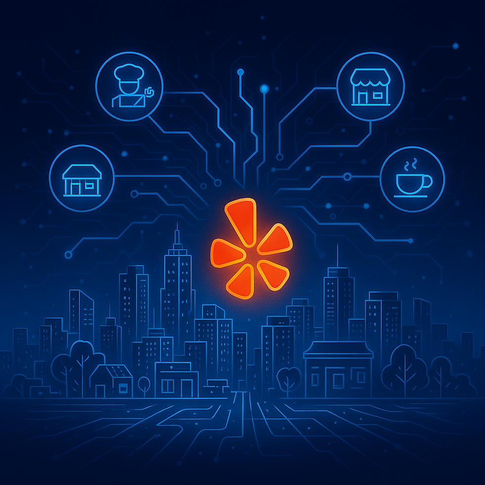 The Yelp logo illuminated over a city grid with AI data connections linking local businesses.”