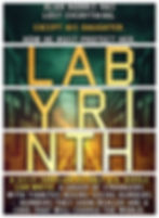 Text poster for "Labyrinth" with bold letters. Story of Alan Norris protecting his daughter. Green and yellow background, sci-fi theme.
