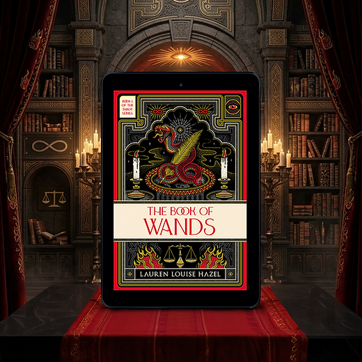 Tablet in a mystical library displays "The Book of Wands" cover with a dragon, candles, scales, and ornate patterns. Warm, magical ambiance.