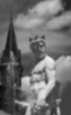 Statue of Neptune with a crown, water splashing around. Gothic church tower in the background. Dramatic sky with clouds. Black and white.