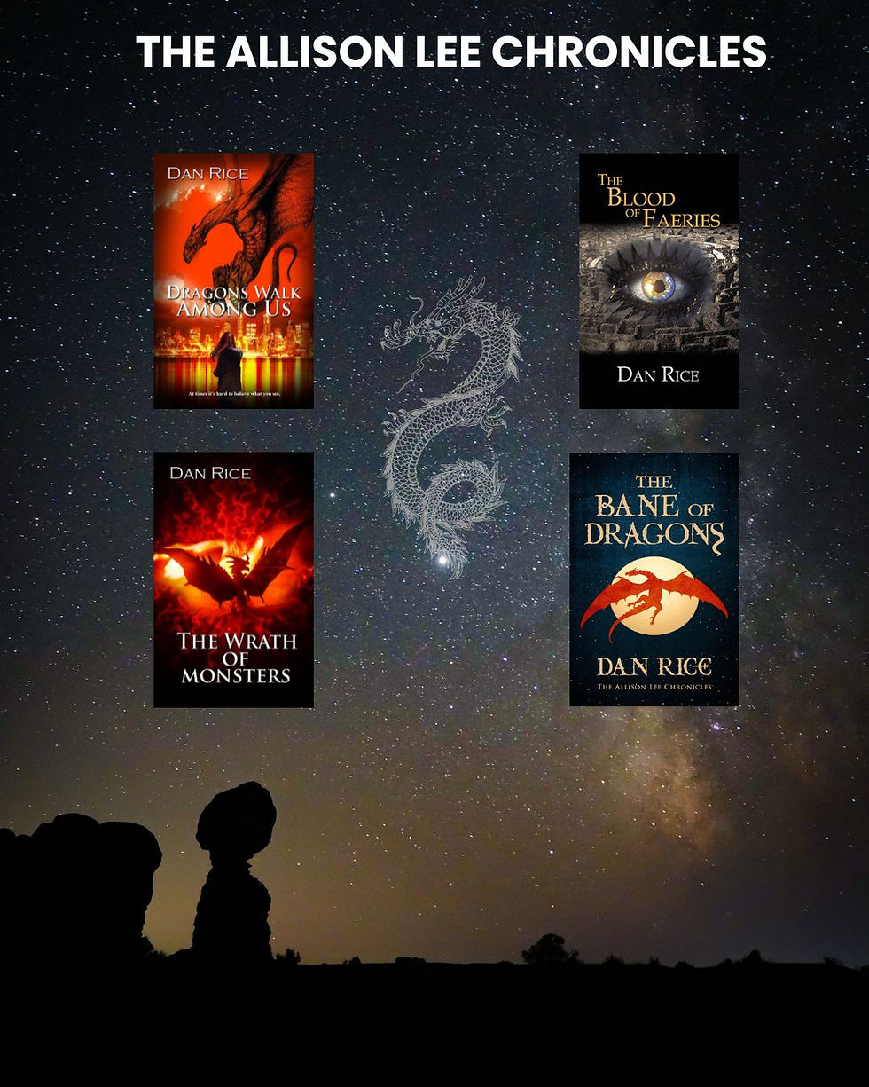 Four book covers by Dan Rice with dragon themes on a starry night background. Text: "THE ALLISON LEE CHRONICLES."