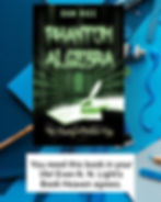 Book cover of "Phantom Algebra" by Dan Rice. Green text on a dark library scene. Includes a glowing hand writing. Review praise below.