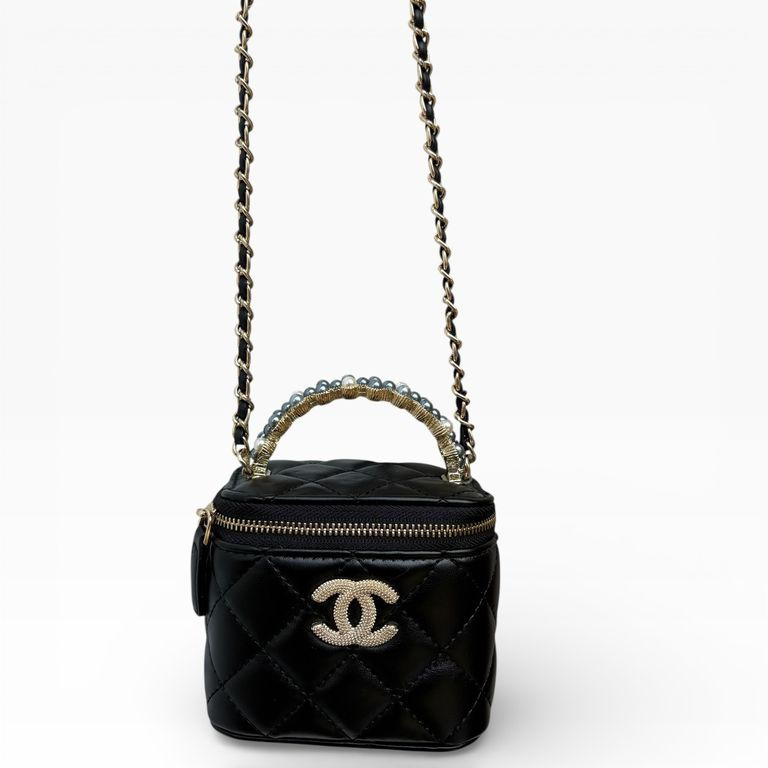 थंबनेल: VIP Black Quilted Cube Vanity Case w/ Pearl Handle
