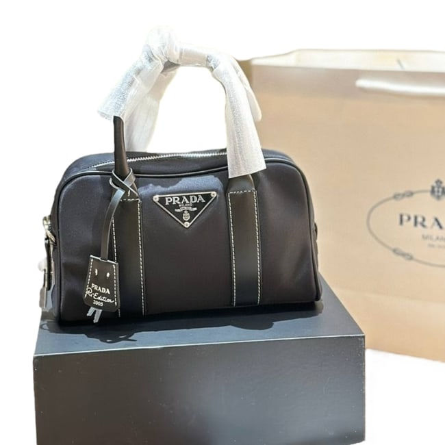 Prada Black and Silver Mini Boston Bag – Luxury Designer Crossbody Bag for Women
