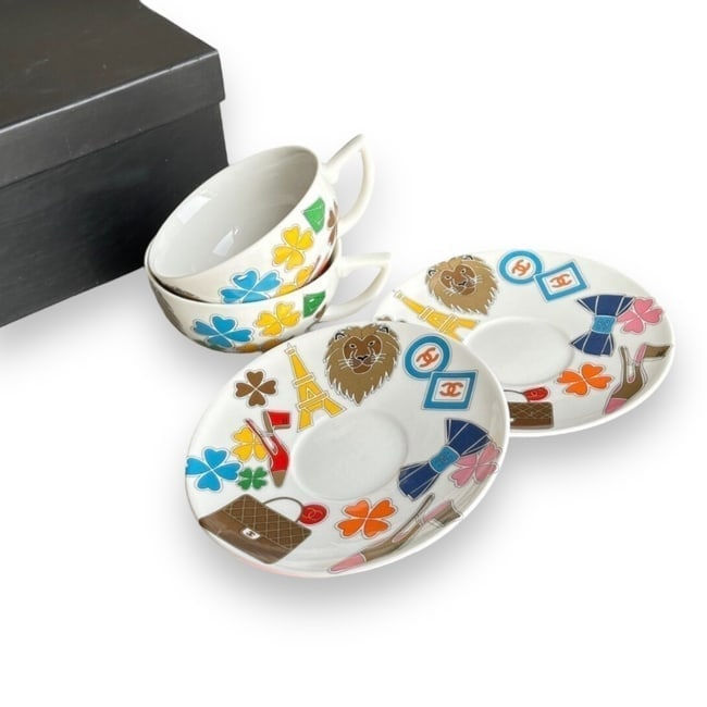 CHANEL 4Pc Cups & Saucers Set White & Multicolor Accents