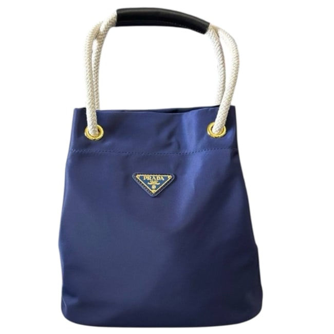 Stylish Prada Blue Rope Nylon Bucket Bag combining sporty nylon fabric with elegant rope accents