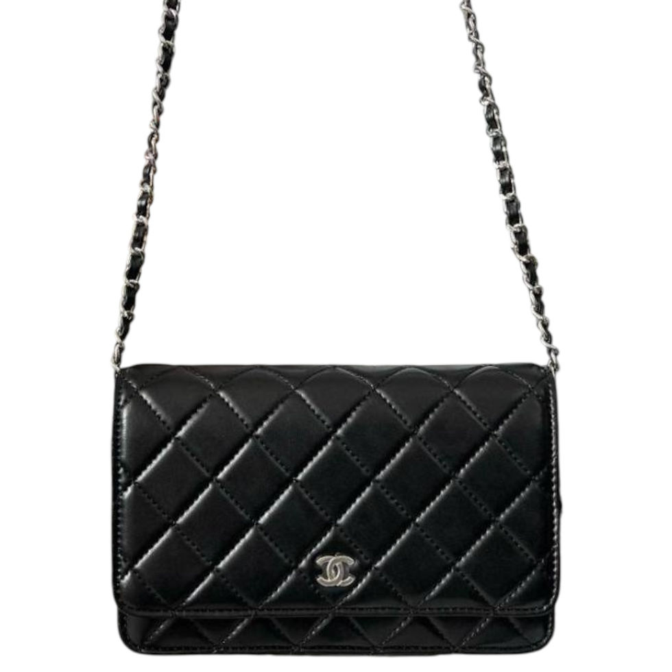 CHANEL Black/Silver Quilted Wallet On Chain (WOC)