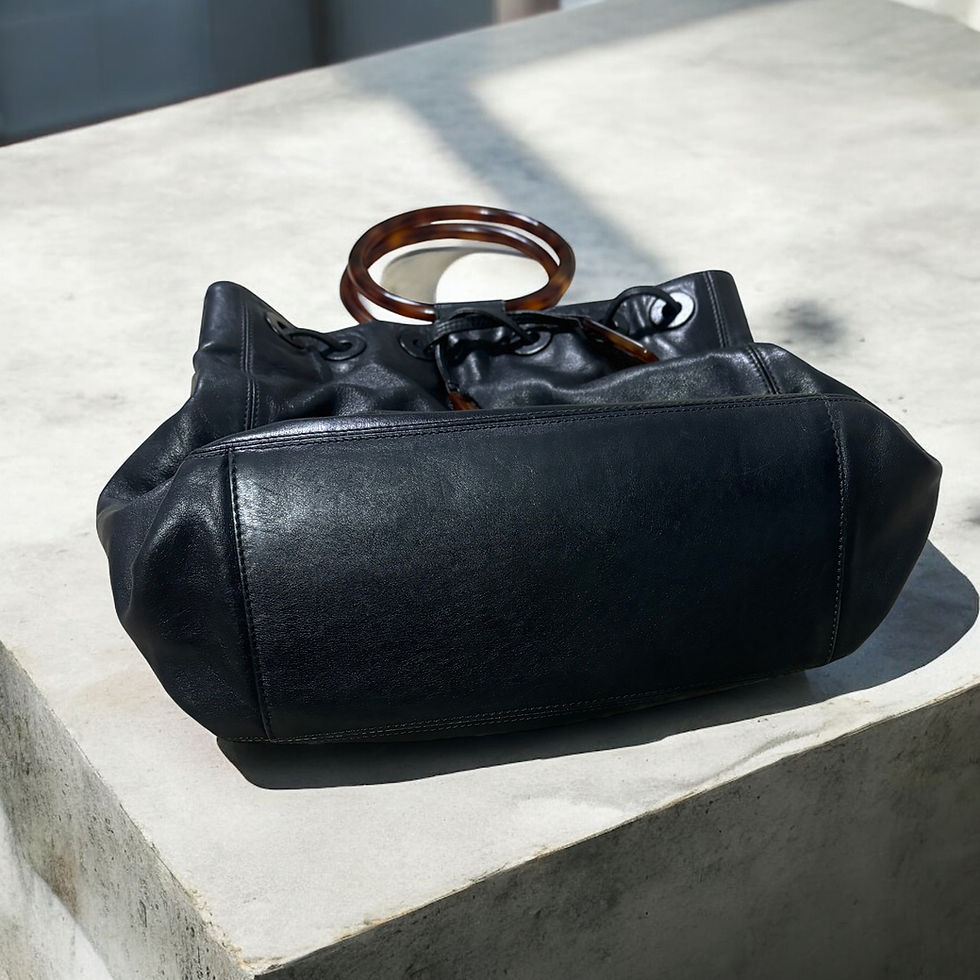 Miniatura: Black Lambskin CHANEL  Drawstring Tortoise Ring Top Handle Bag