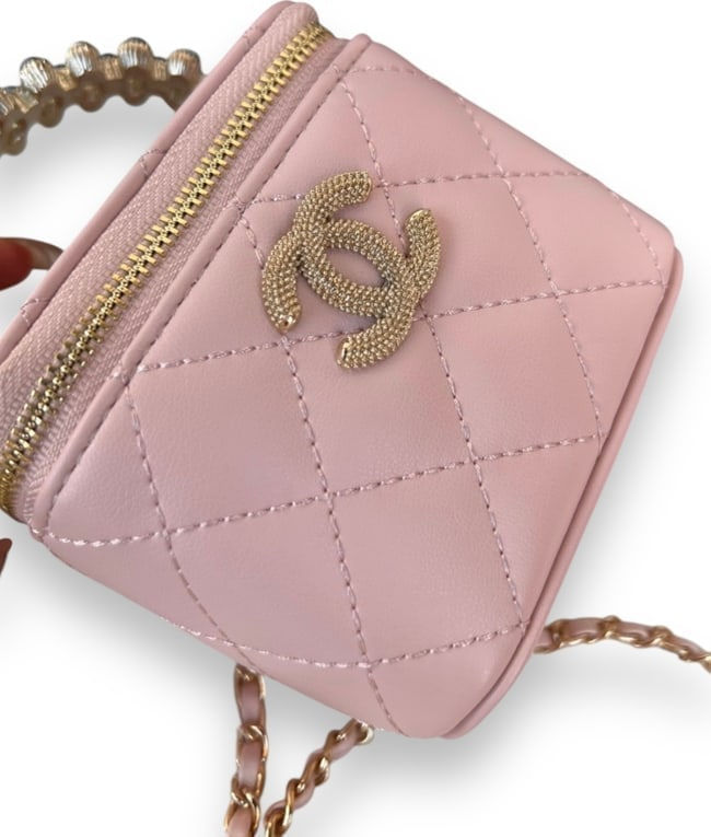 CHANEL Pearl Accent Pink Quilted Cube Vanity Case