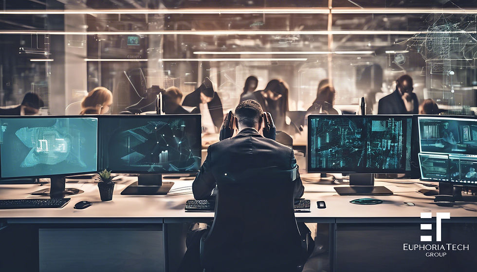 Man in a suit with headphones at a desk, surrounded by glowing screens showing tech data. Modern office, blurred figures in background. Euphoria Tech logo.