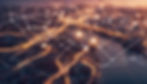 Aerial view of a city port at dusk with glowing network lines and nodes overlay. Warm lights create a futuristic and connected mood.