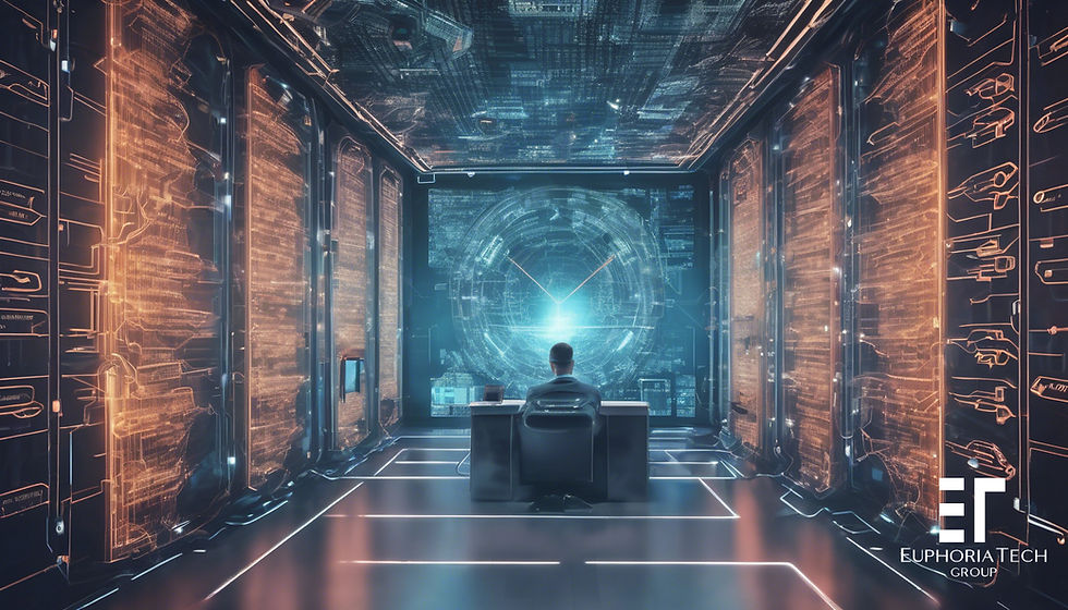 Person at desk in a futuristic room with glowing orange and blue digital panels. Centered on a large holographic display. Euphoria Tech logo.