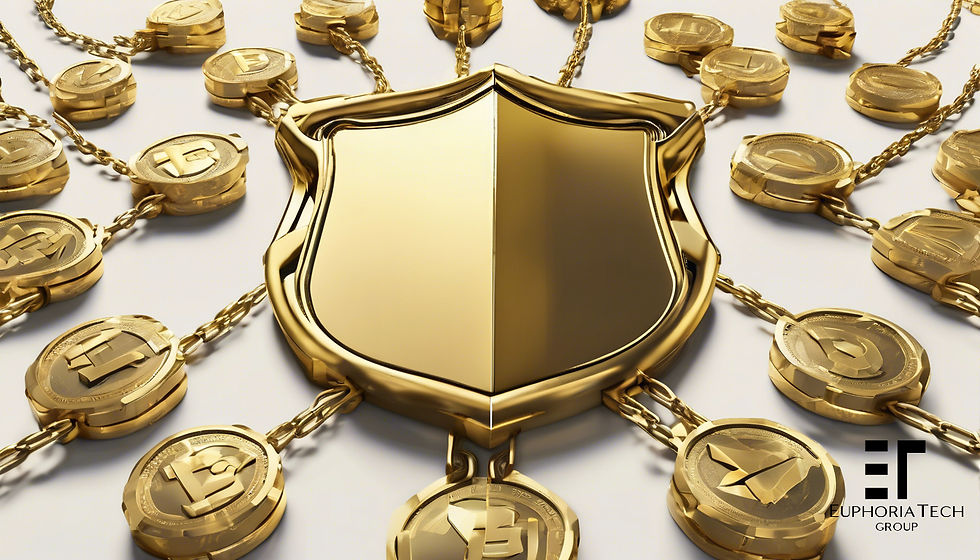 Golden shield at center, surrounded by intertwined chains and coins with crypto symbols. Euphoria Tech Group logo in the corner.