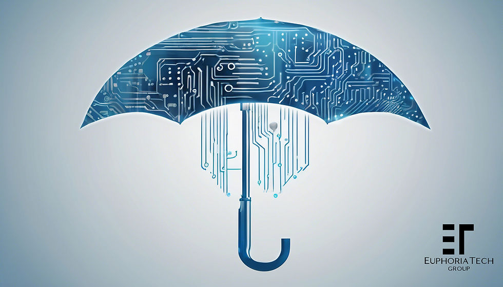 Umbrella with circuit board design on a light gray background. Euphoria Tech Group logo in the bottom right corner. Futuristic technology theme.