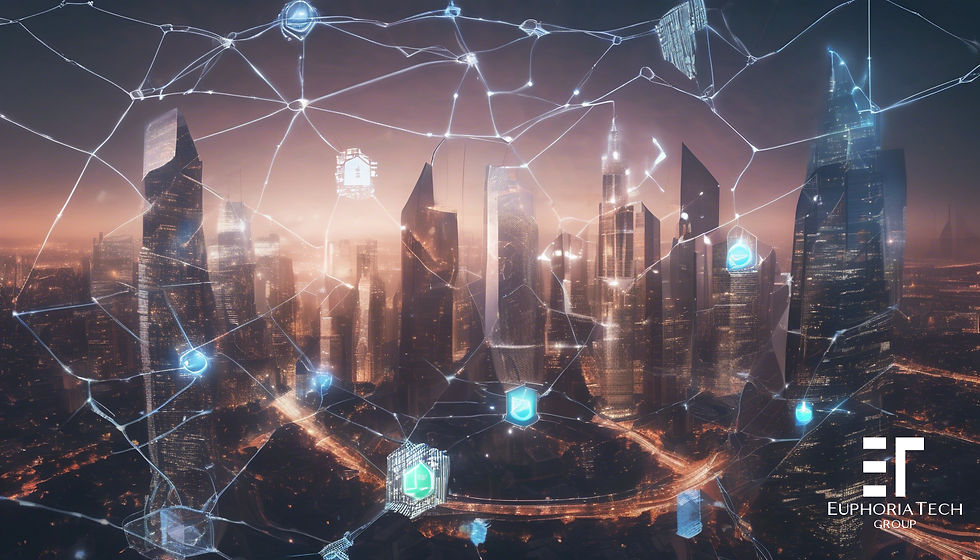 Futuristic cityscape at dusk with digital network overlay, glowing connections, and EuphoriaTech Group logo; skyscrapers illuminate the scene.