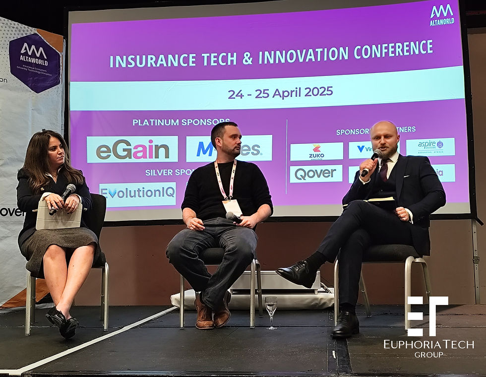 Three people in suits in a panel discussion at the "Insurance Tech & Innovation Conference" with a purple backdrop and sponsor logos.