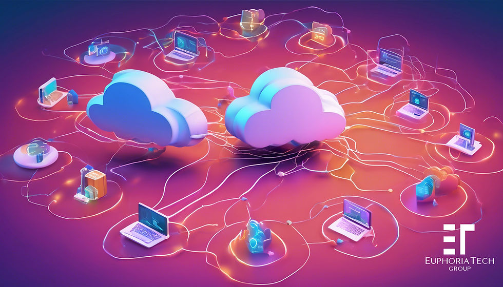 Cloud network illustration with devices interconnected via glowing lines on a purple gradient background. EuphoriaTech Group logo visible.