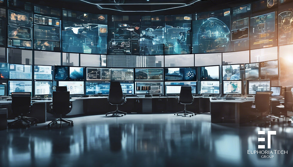 Control room with multiple screens displaying data and futuristic maps. Empty chairs and sleek, modern design. "Euphoria Tech Group" logo visible.