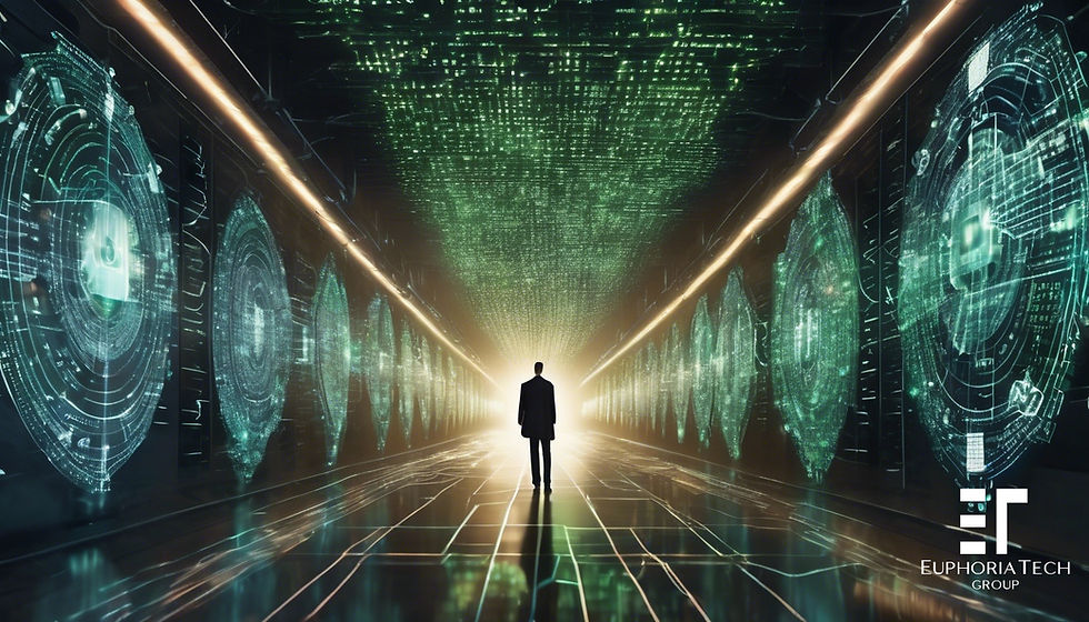 Silhouette of a person walking in a futuristic, green-lit corridor lined with digital screens, creating an immersive, enigmatic atmosphere.