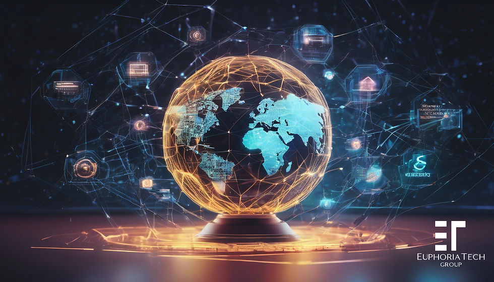 Digital globe with network lines, glowing blue continents. Background has tech icons. Text: "Euphoria Tech Group" in bottom right. Futuristic mood.