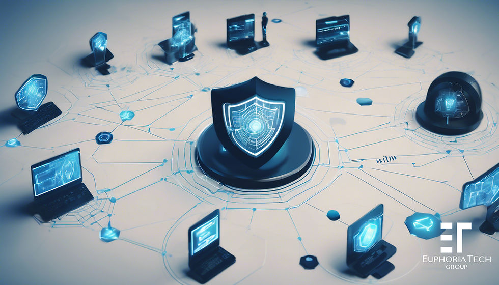 Digital shield in center connects to laptops on network map. Blue cyber patterns, futuristic tech vibe. "Euphoria Tech Group" logo.