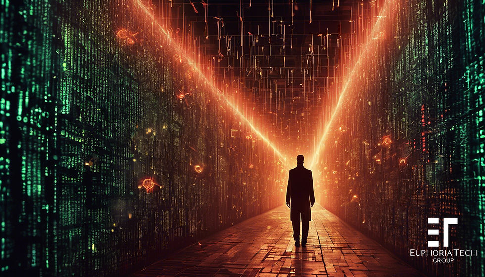 Silhouette of a person walks down a glowing corridor of orange light and digital green patterns. Text: "Euphoria Tech Group" on the right.