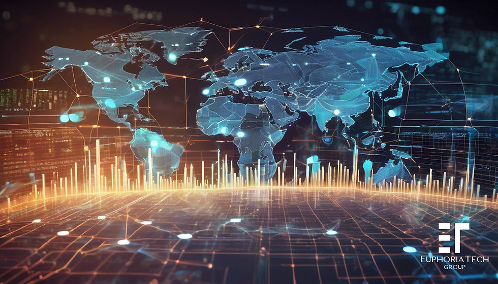 Futuristic digital world map with glowing data lines and graphs. Blue and orange hues dominate. "Euphoria Tech Group" logo at bottom.