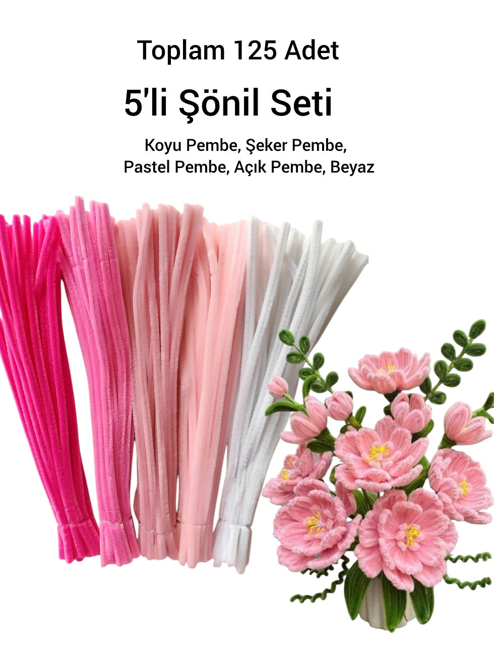 Küçük resim: 125 Adet 5'li Şönil Seti (Koyu Pembe, Şeker Pembe, Pastel Pembe, Beyaz)