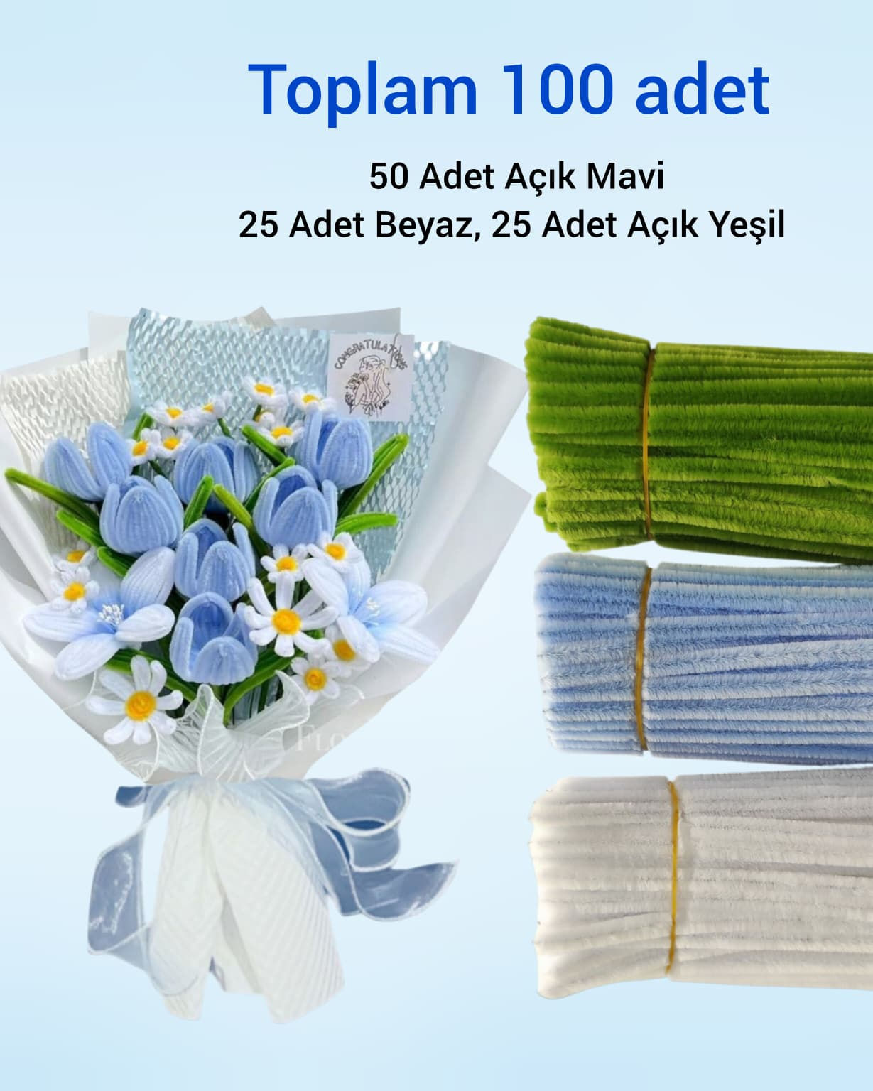 Şönil Tüylü Tel 3’lü Set – 50 Açık Mavi, 25 Beyaz, 25 Yeşil