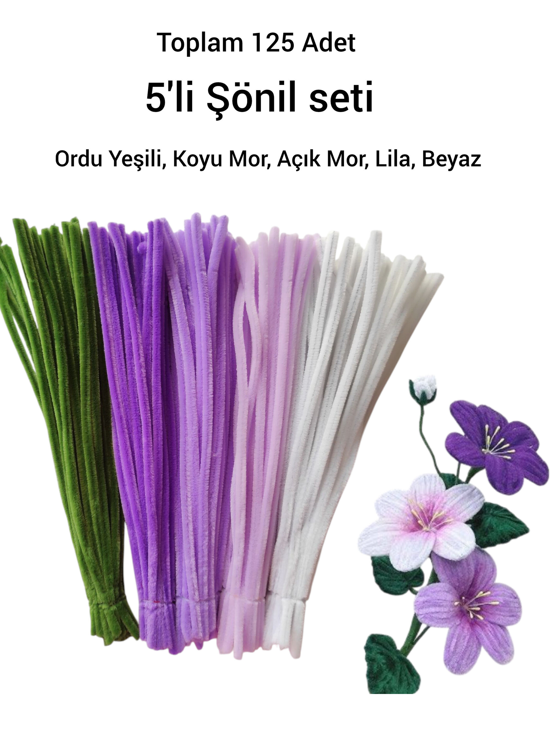 125 Adet 5'li Mor Tonları Şönil Seti (Ordu Yeşili,Koyu Mor,Açık Mor,Lila,Beyaz)
