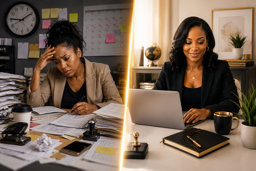 Split-screen office: stressed woman buried in papers at a messy desk; same woman smiles at a laptop in a tidy, bright office