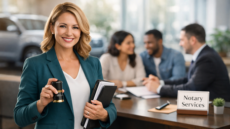 Smiling woman in green blazer holding a stamp, standing in front of a table labeled Notary Services, where a meeting is taking place.