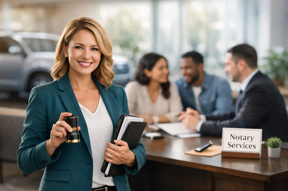 Smiling woman in green blazer holding a stamp, standing in front of a table labeled Notary Services, where a meeting is taking place.