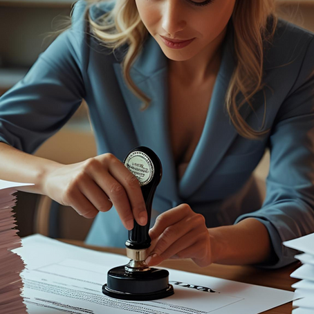 Woman in a blue suit stamps documents at a desk with stacked papers. Warm lighting creates a focused, professional mood.
