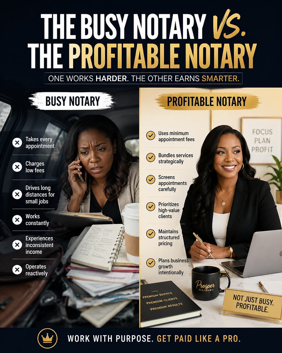Two contrasting notary images: left, stressed woman with cluttered desk; right, smiling woman with organized desk, laptop; emphasizes productivity.
