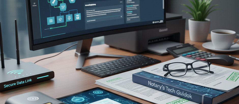 Modern office desk with a computer showing a cloud-based workflow, a tablet with a digital fingerprint scanner, and books titled "Notary's Tech Guide."