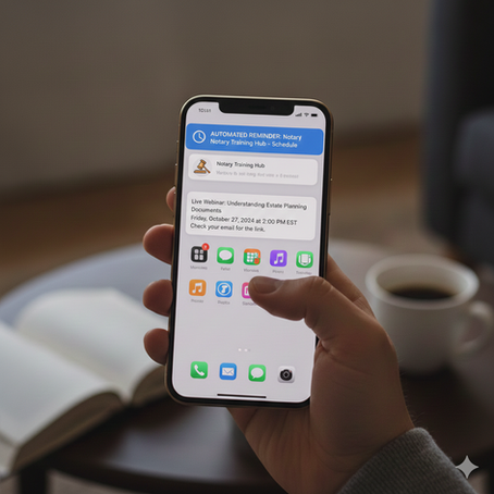 Hand holding a smartphone displaying a reminder for a notary webinar. Background includes an open book and coffee cup, creating a cozy setting.