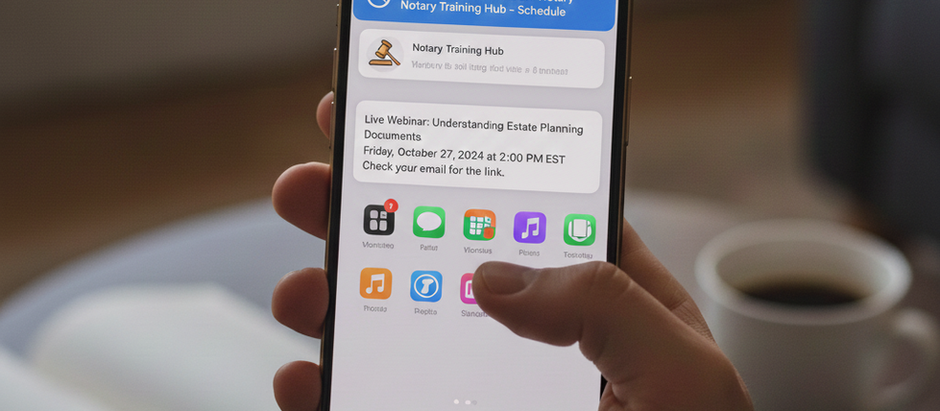 Hand holding a smartphone displaying a reminder for a notary webinar. Background includes an open book and coffee cup, creating a cozy setting.