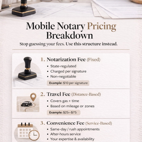 Mobile Notary Pricing Breakdown includes fees: Notarization ($10/signature), Travel ($25–$75), Convenience ($25–$100+). Stack of papers, stamp, and glasses in the background.