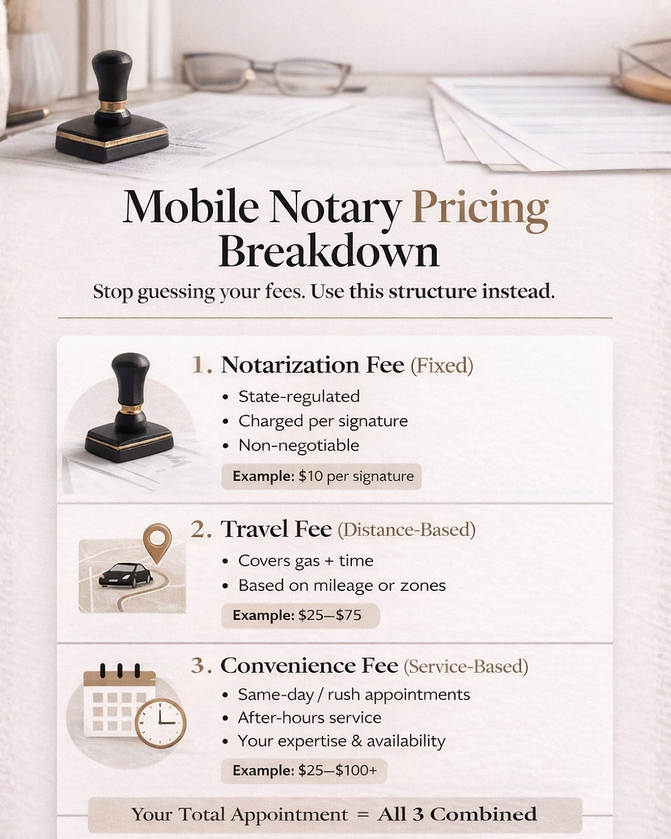 Mobile Notary Pricing Breakdown includes fees: Notarization ($10/signature), Travel ($25–$75), Convenience ($25–$100+). Stack of papers, stamp, and glasses in the background.