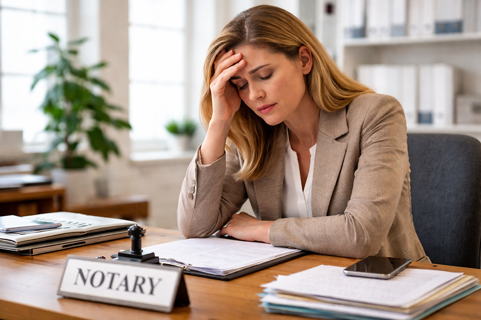 A woman in a beige blazer looks stressed, sitting at a desk labeled "Notary" with documents. Bright office, green plant in the background.