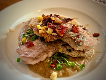 Pan-seared Scup over a Chowder Purée, Roasted Corn, Caramelized Shallots & Bacon
